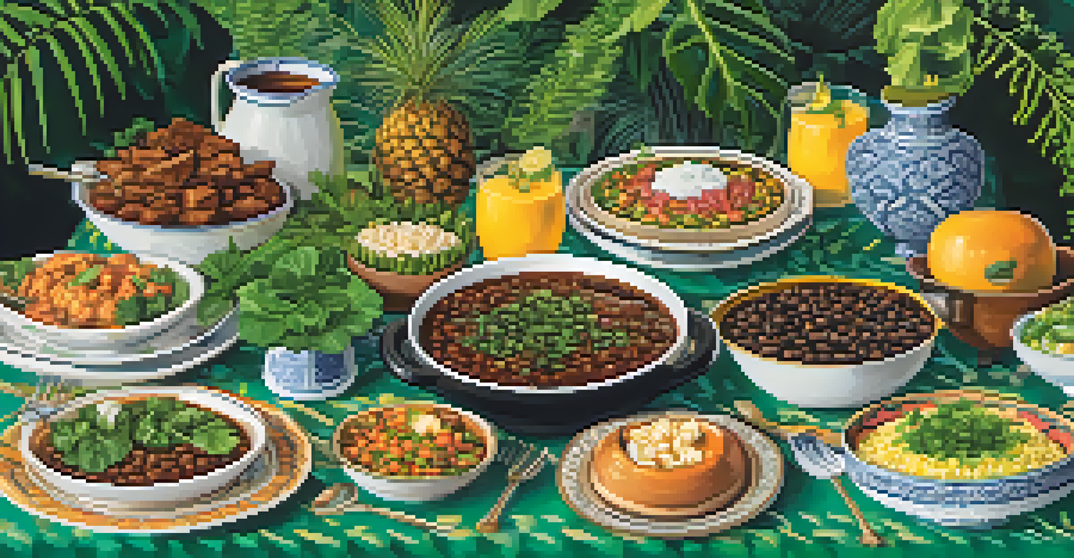 A table set with traditional Brazilian dishes, including feijoada and moqueca, surrounded by tropical plants and vibrant decorations.