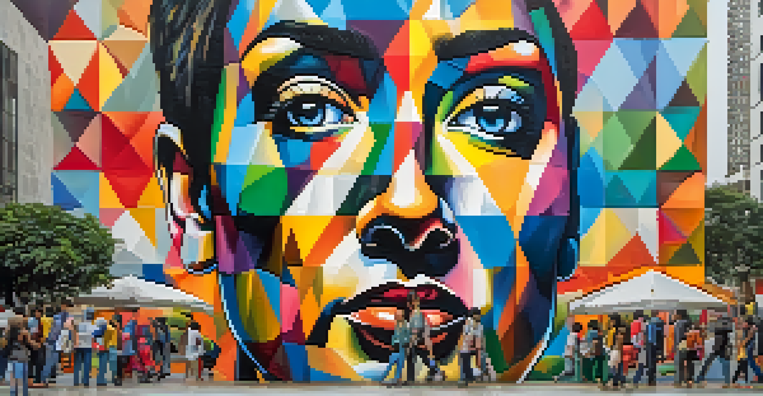 A large mural by Eduardo Kobra showing a historical figure with geometric patterns in São Paulo, with pedestrians in the foreground.