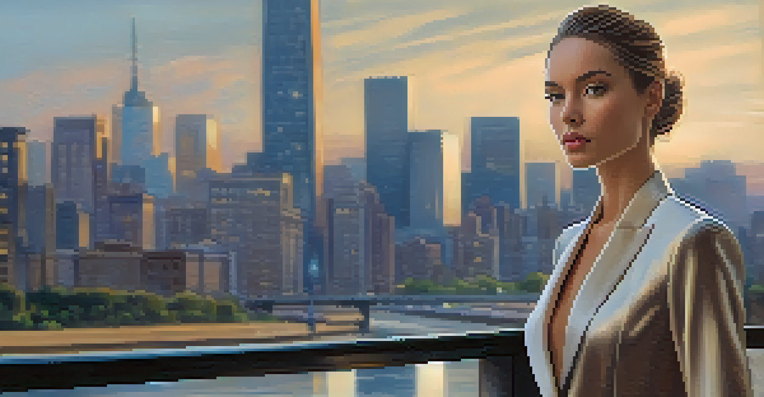 A stylish model in a tailored outfit against an urban skyline, embodying elegance in Brazilian fashion.