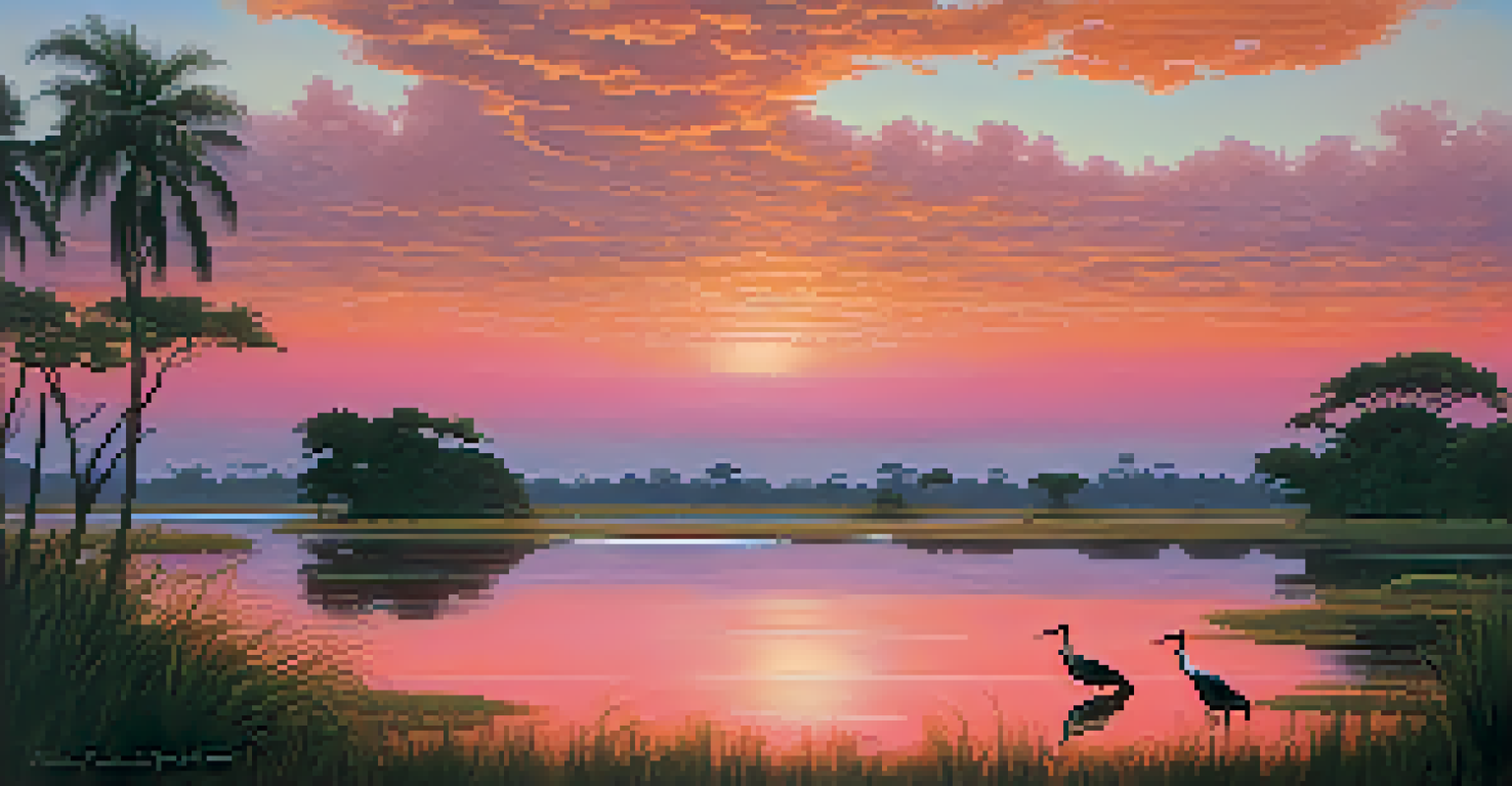 A stunning sunrise over the Pantanal wetlands featuring a jabiru stork in shallow waters, with colorful reflections in the water.