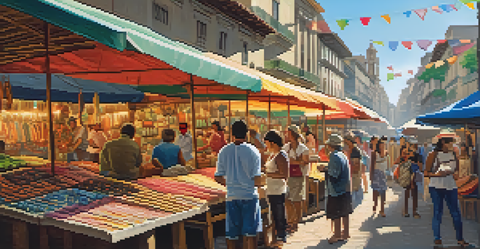 A lively artisan market in São Paulo with colorful stalls, handmade crafts, and local musicians. People are interacting with artisans in a warm, sunlit atmosphere.