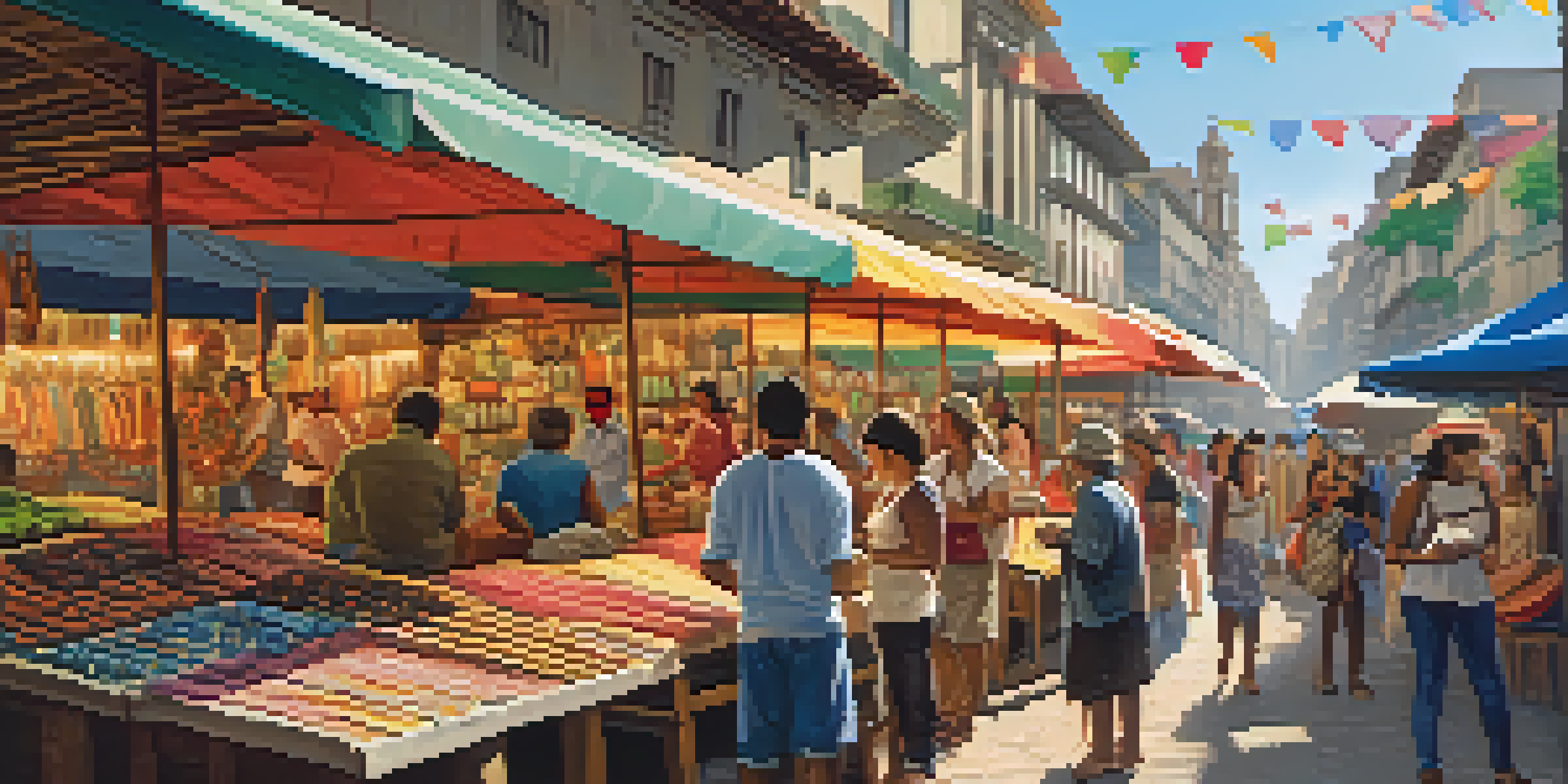 A lively artisan market in São Paulo with colorful stalls, handmade crafts, and local musicians. People are interacting with artisans in a warm, sunlit atmosphere.