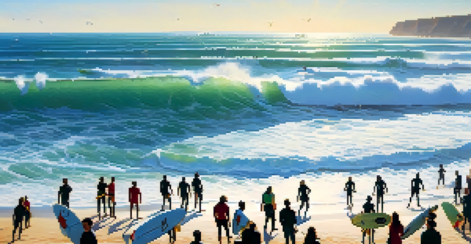 Surfers riding waves at Praia do Norte with a blue sky and beachgoers in the background.
