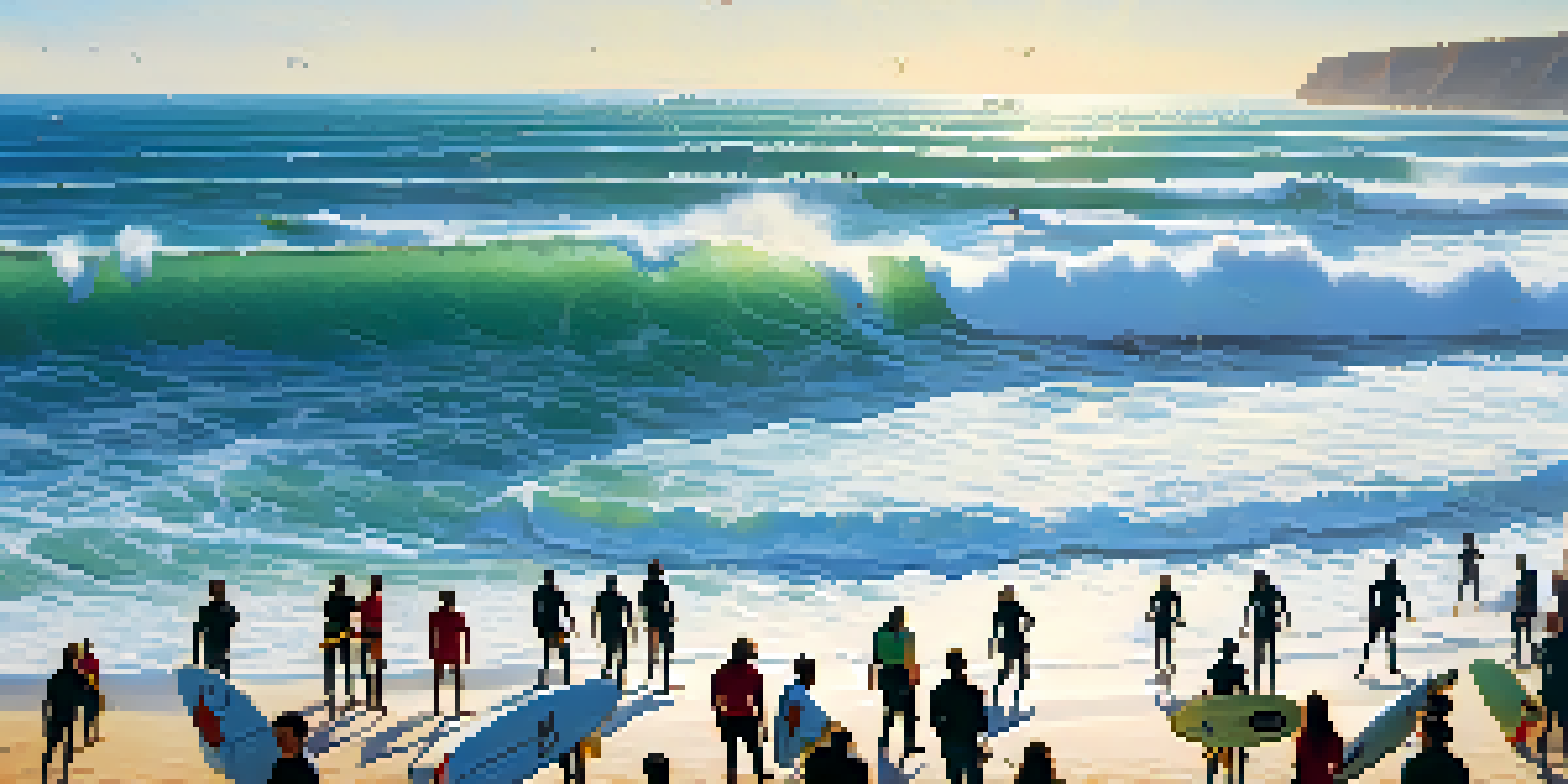 Surfers riding waves at Praia do Norte with a blue sky and beachgoers in the background.