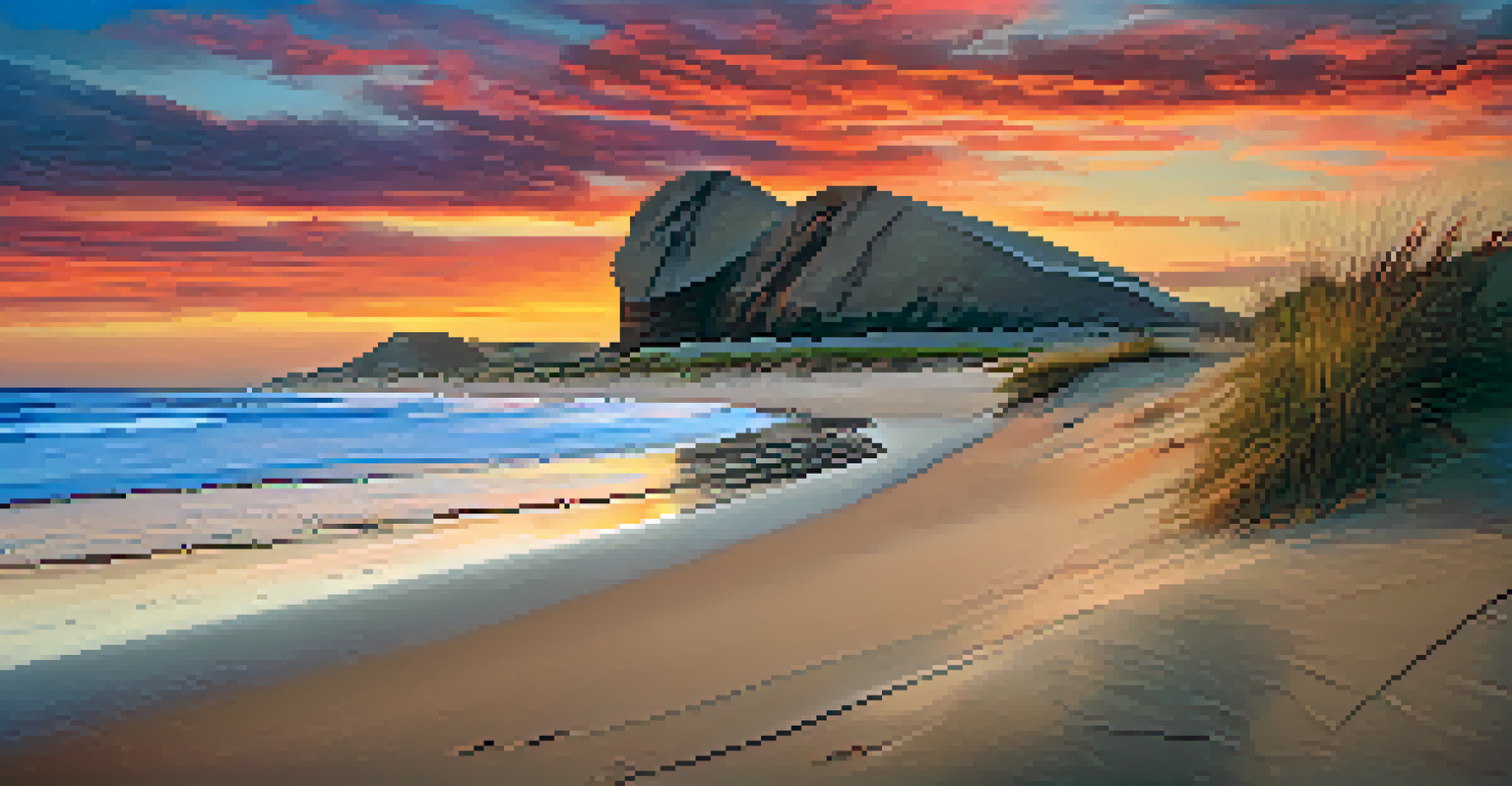 A beautiful sunset over Jericoacoara's sand dunes, featuring the Pedra Furada rock formation, with vibrant colors reflecting on the beach.