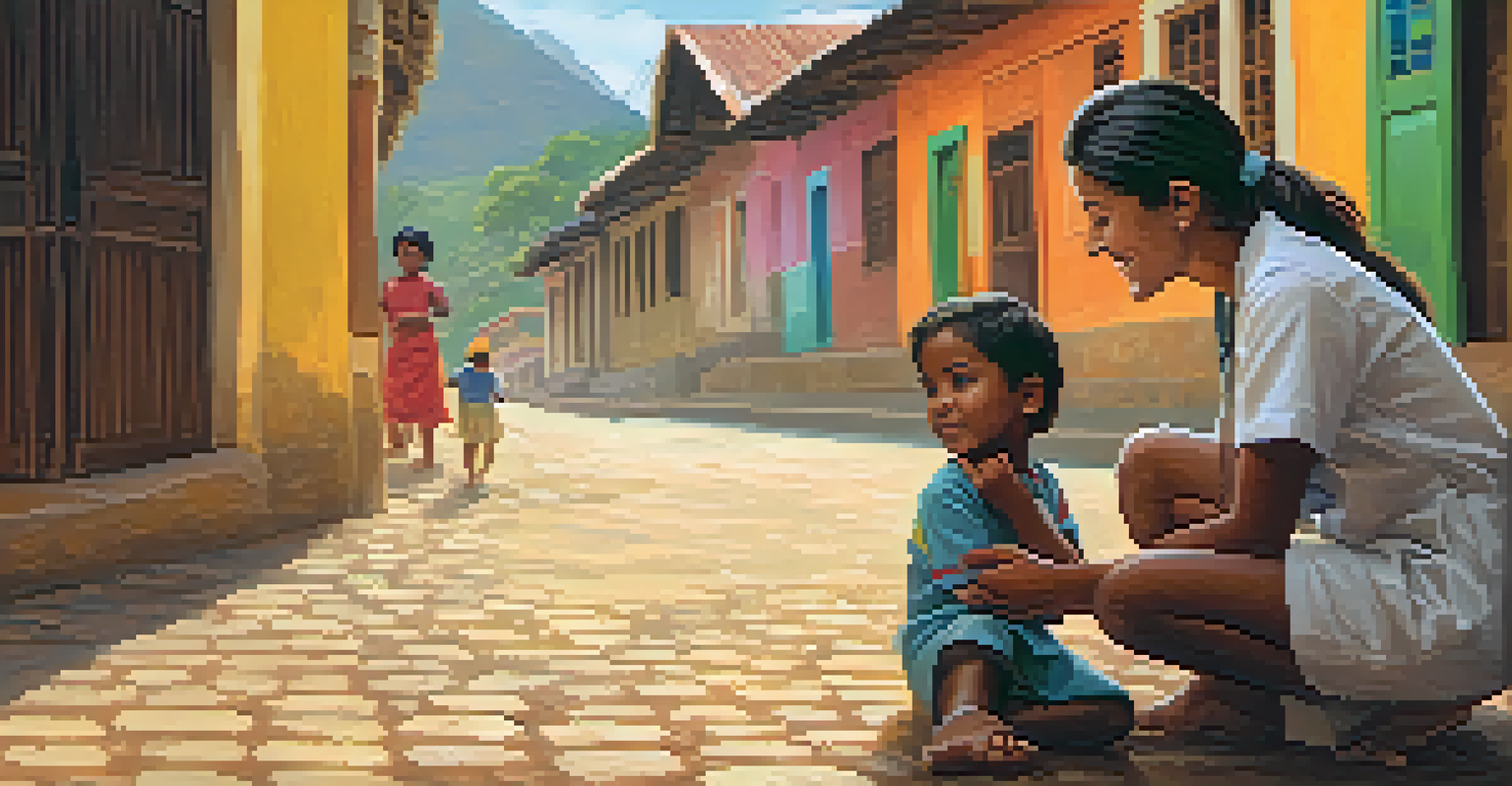 A healthcare volunteer kneeling beside a local child in a Brazilian village, sharing a warm interaction in front of traditional architecture.
