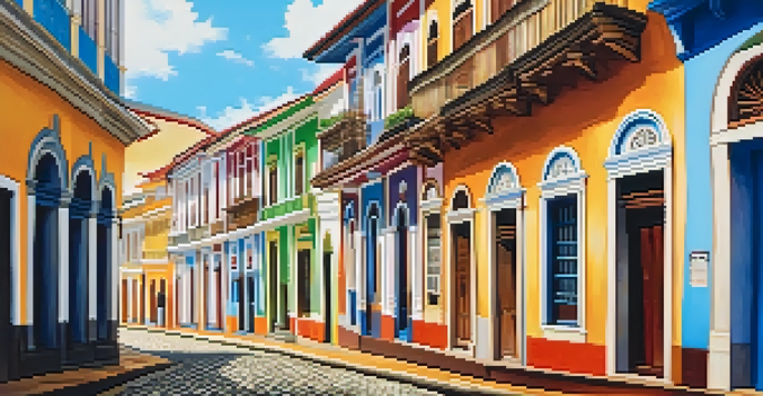 A lively street view of the Pelourinho district in Salvador, featuring colorful colonial architecture and people walking.