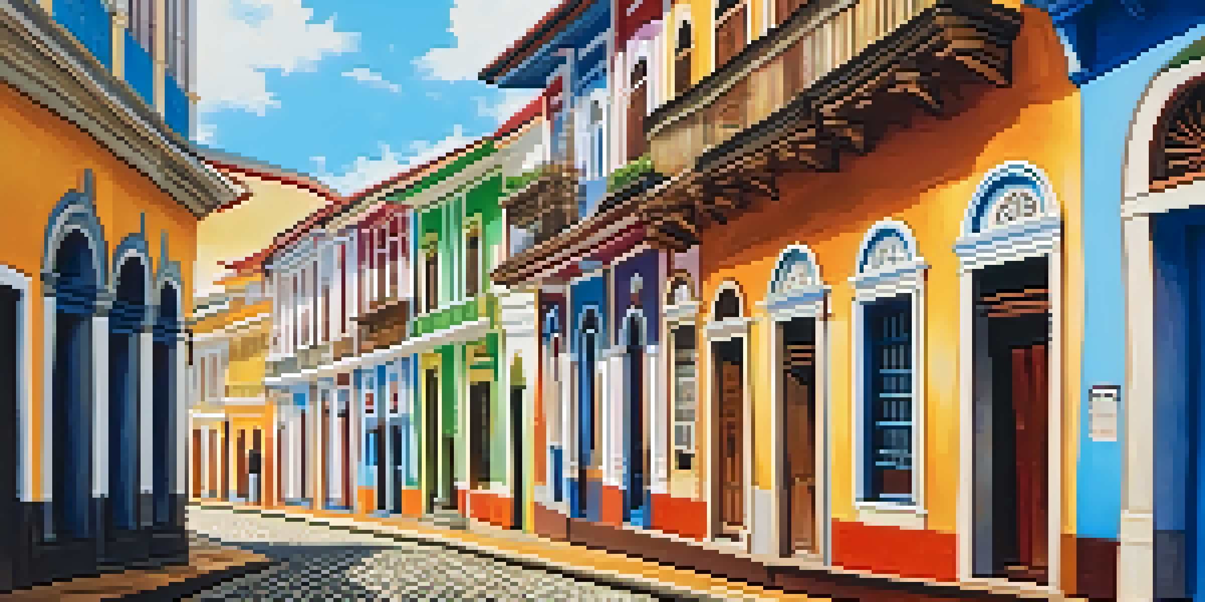 A lively street view of the Pelourinho district in Salvador, featuring colorful colonial architecture and people walking.