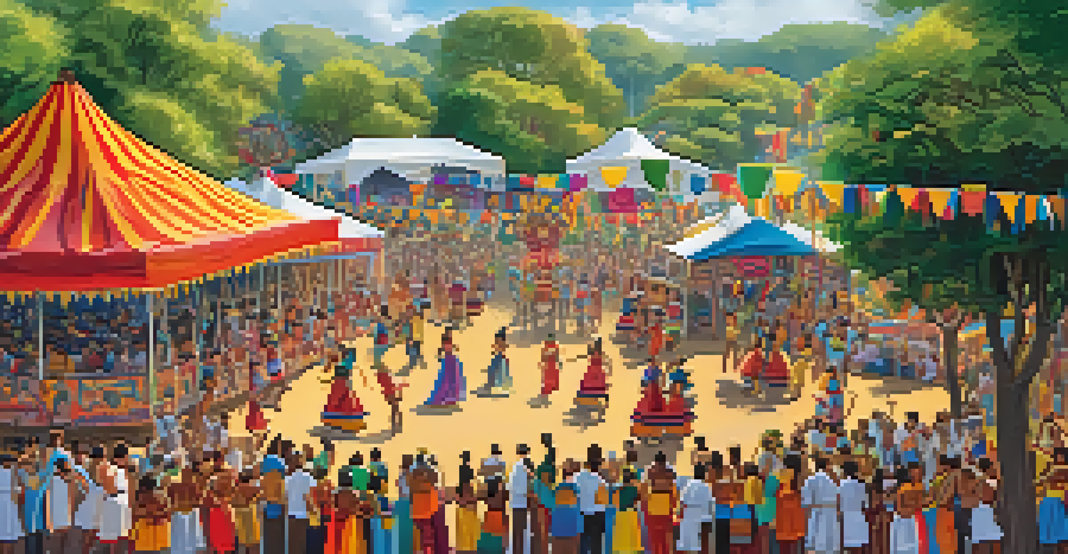 A lively cultural festival in a Brazilian park with people celebrating, traditional dancers, and colorful decorations.