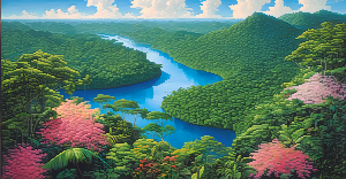 Aerial view of the Amazon Rainforest with lush trees, winding rivers, and a bright blue sky.