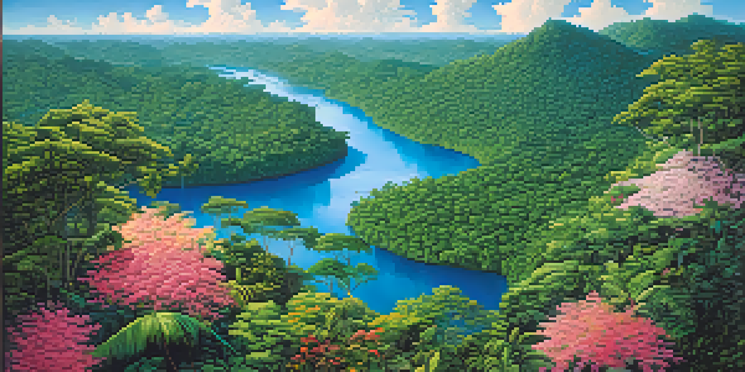 Aerial view of the Amazon Rainforest with lush trees, winding rivers, and a bright blue sky.