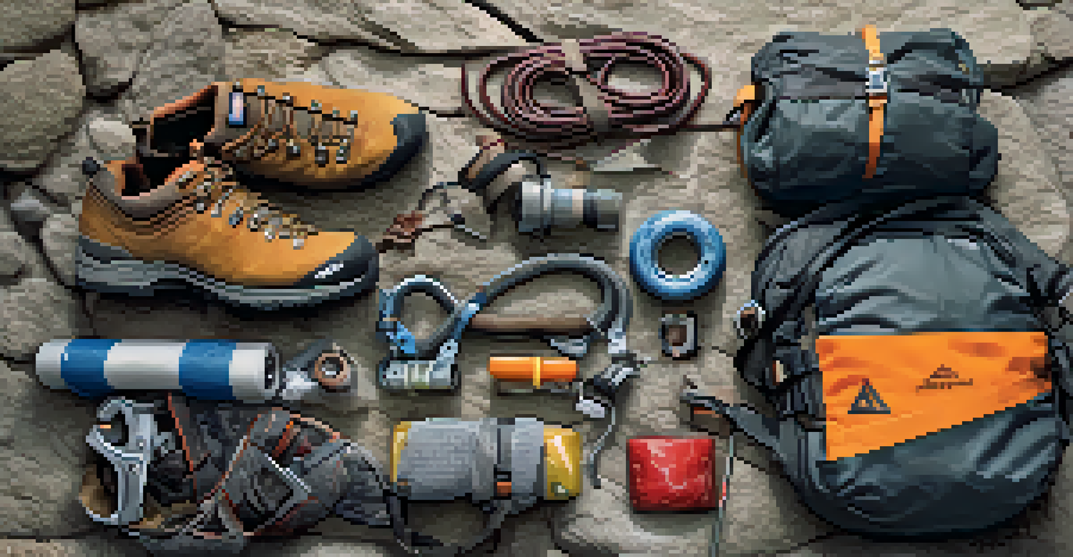 Essential rock climbing gear including shoes, harness, and belay device displayed on a rocky surface.