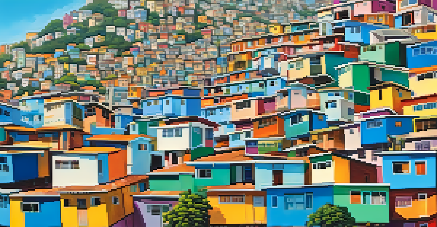 Aerial view of colorful favelas in Rio de Janeiro, featuring vibrant houses and the Sugarloaf Mountain in the background.