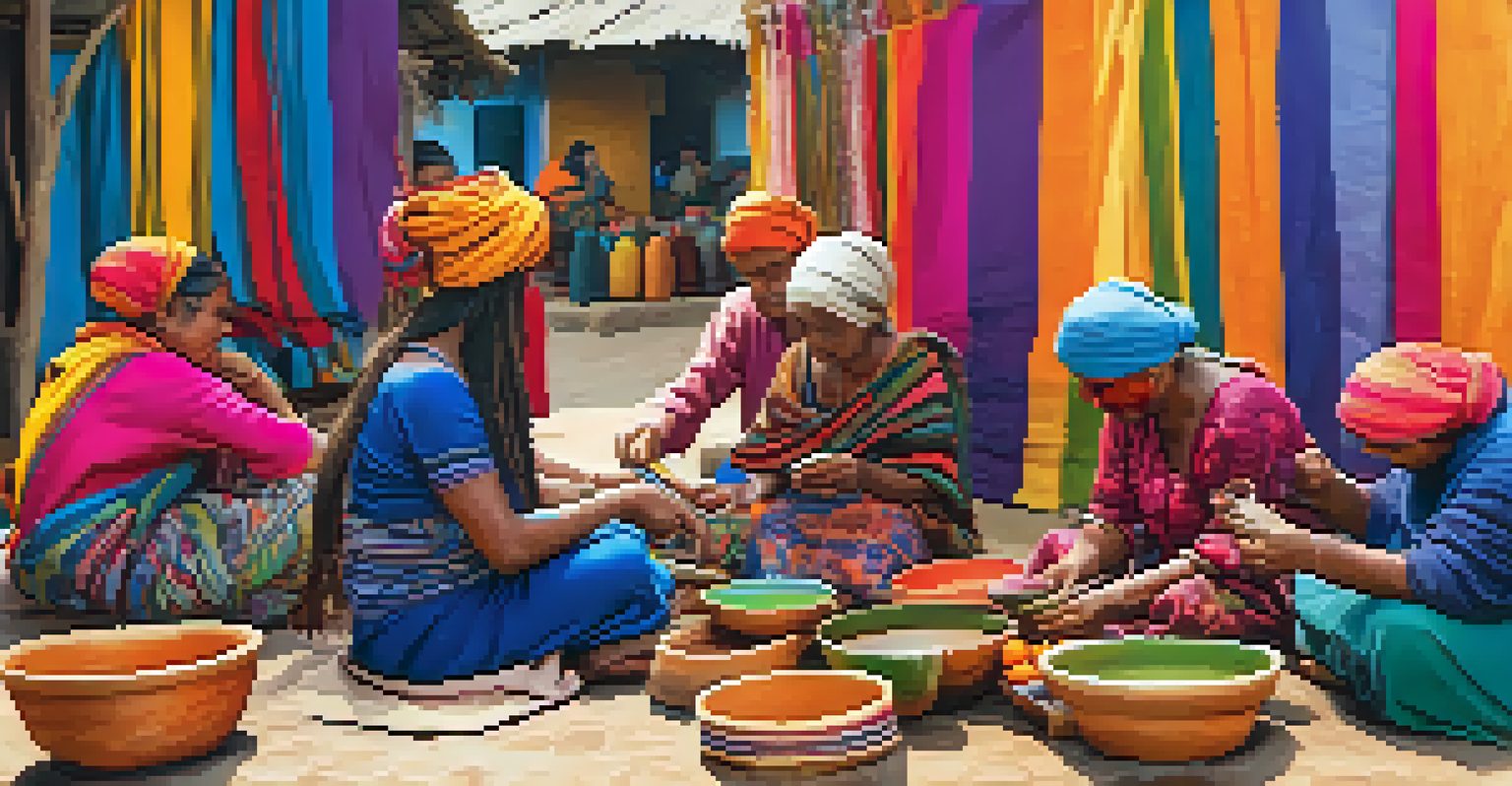 Local artisans crafting handmade items in a vibrant market, with tourists learning about traditional techniques.