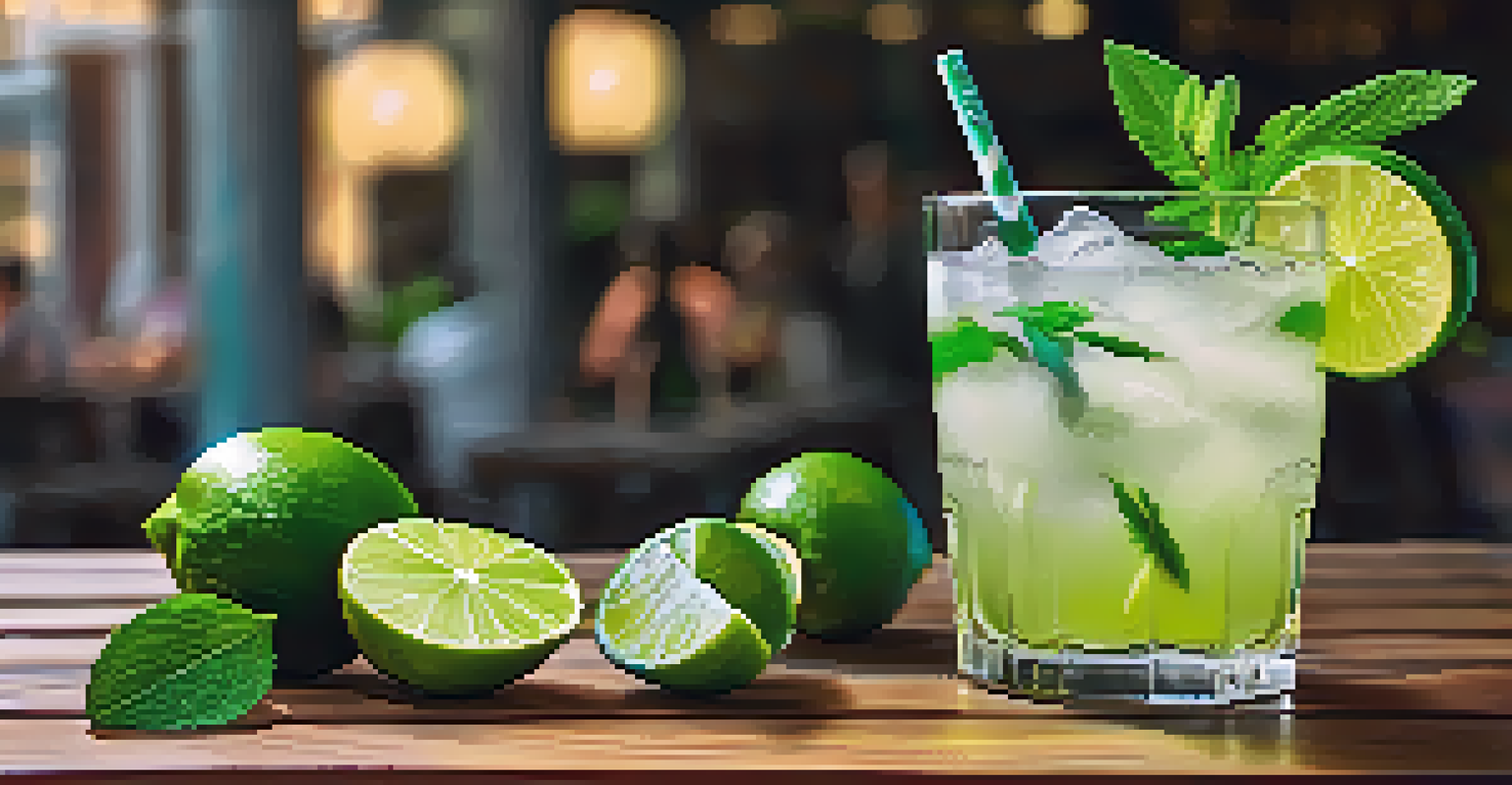 A close-up of a caipirinha cocktail with lime and mint, set on a wooden table with snacks, showcasing a sunny atmosphere.