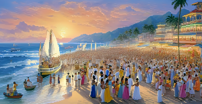A beach celebration for Iemanjá with people in white clothing and colorful offerings in boats against a sunset.