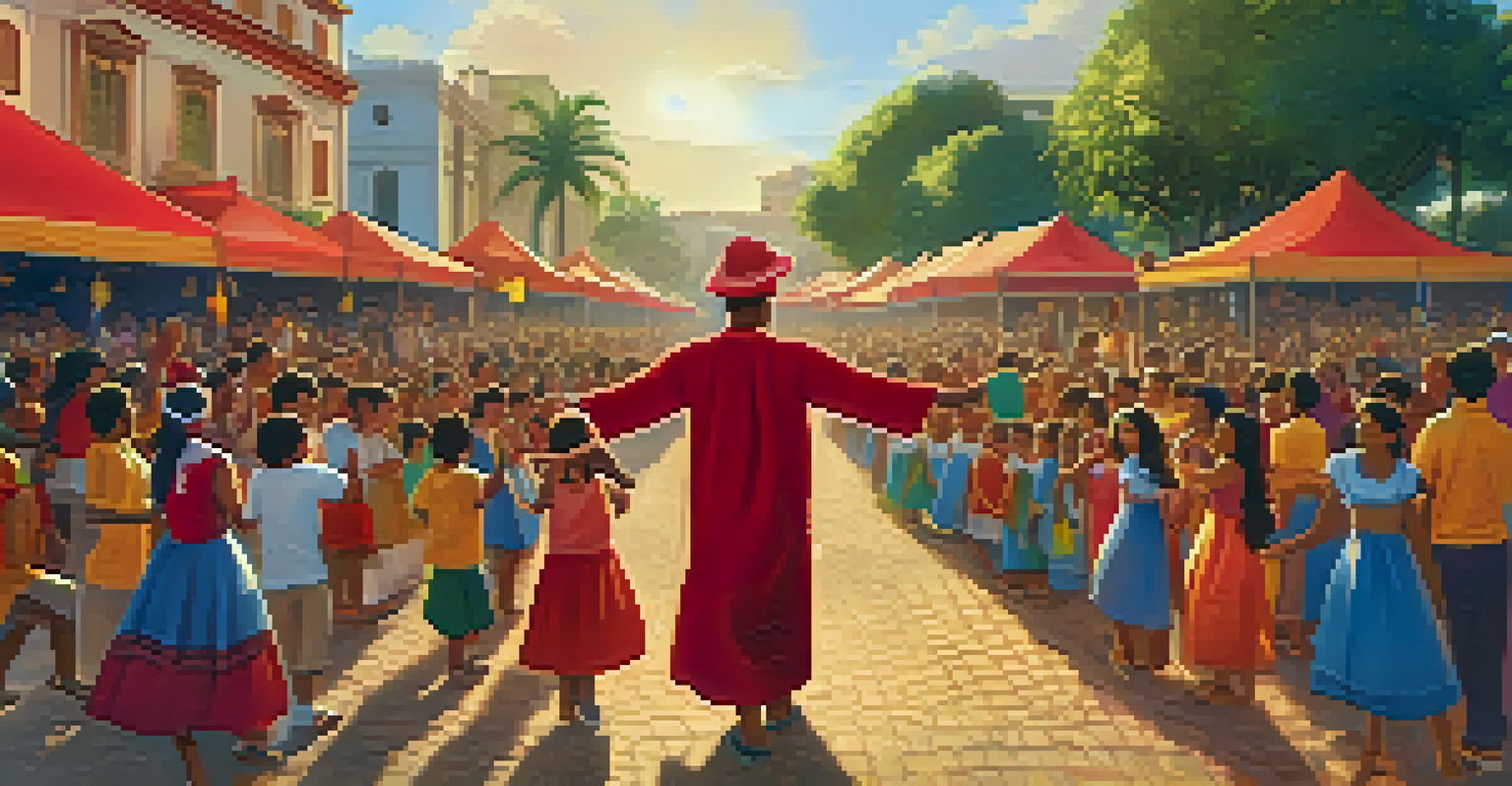 A vibrant festival scene celebrating Saci Pererê with families and children, colorful decorations, and a statue of Saci.