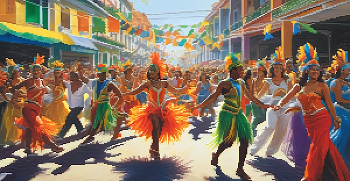 A lively carnival scene in Brazil with dancers in colorful costumes and traditional drummers, celebrating samba.