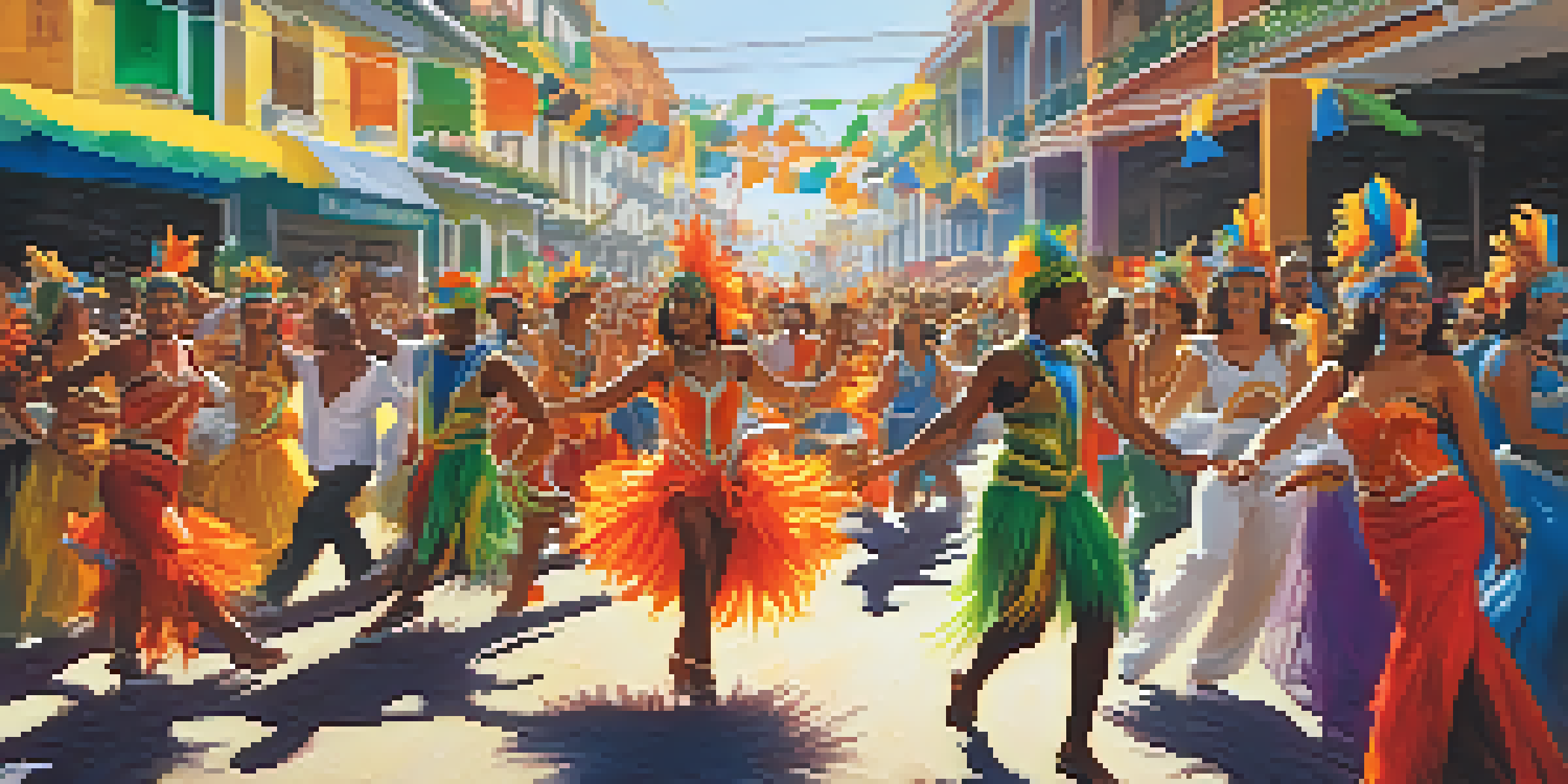 A lively carnival scene in Brazil with dancers in colorful costumes and traditional drummers, celebrating samba.