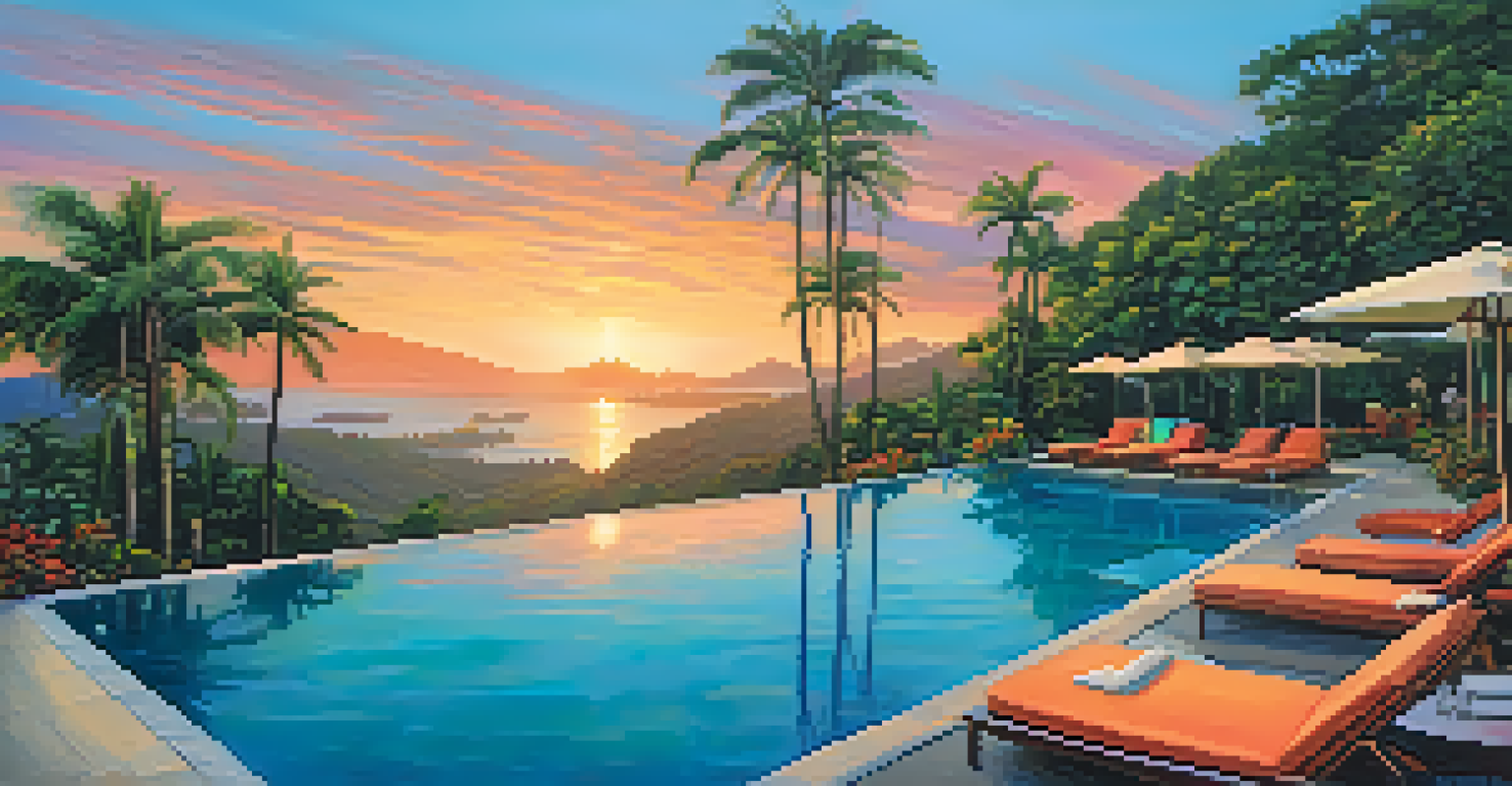A serene infinity pool at a boutique hotel, surrounded by tropical gardens, with a sunset view of the city skyline.