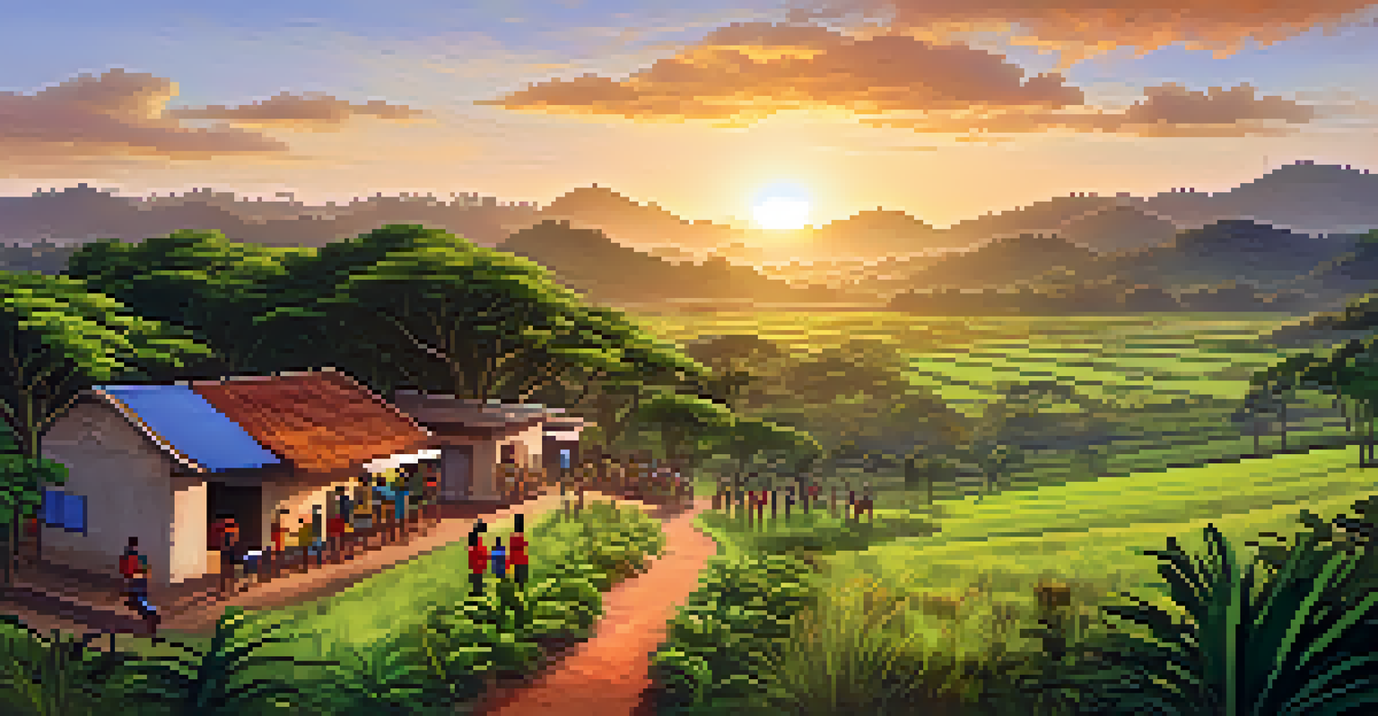 Community members participating in a tree-planting project in Brazil, surrounded by greenery and a sunset.