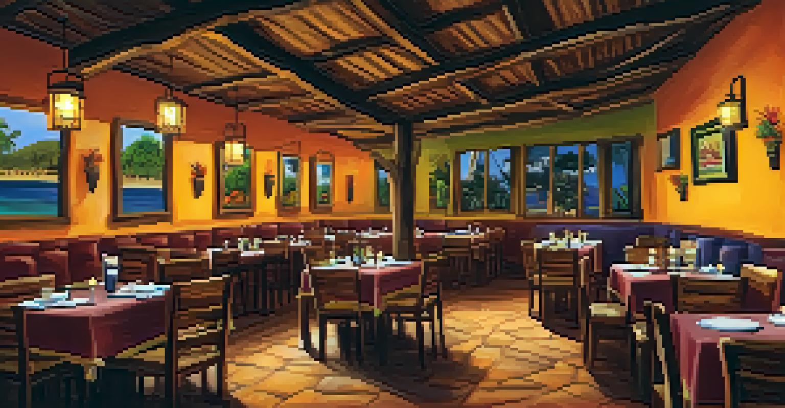 A cozy interior of a Brazilian restaurant with rustic decor, delicious food, and a welcoming waiter.