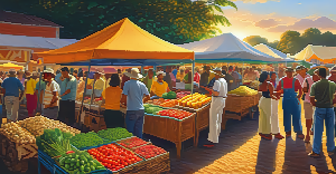 A lively agricultural fair in Brazil with colorful stalls, fresh produce, and livestock, set during sunset.
