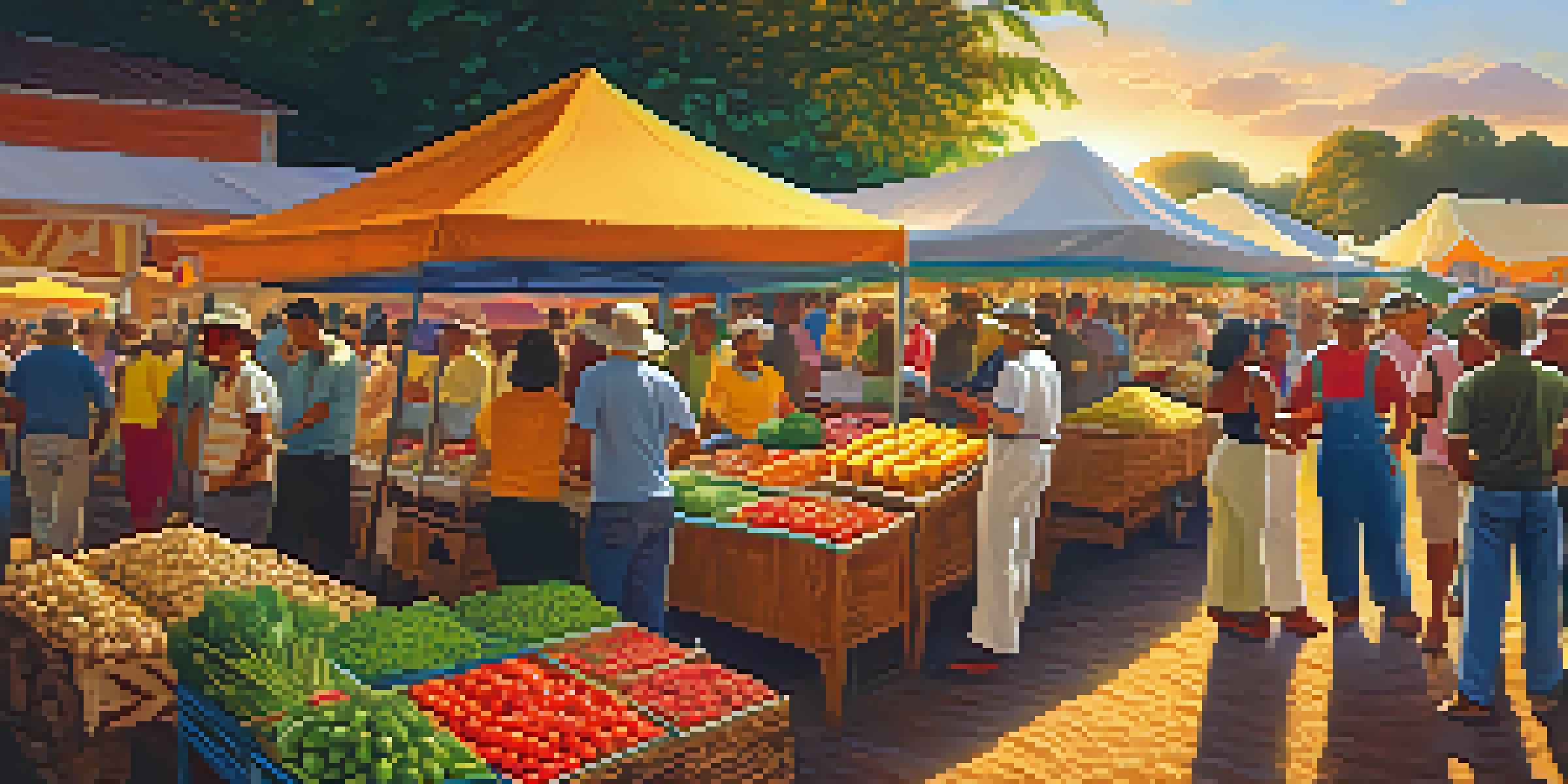 A lively agricultural fair in Brazil with colorful stalls, fresh produce, and livestock, set during sunset.