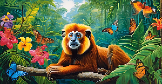 A golden lion tamarin sits on a branch in the Amazon rainforest, surrounded by green foliage and colorful flowers, with sunlight filtering through the trees.