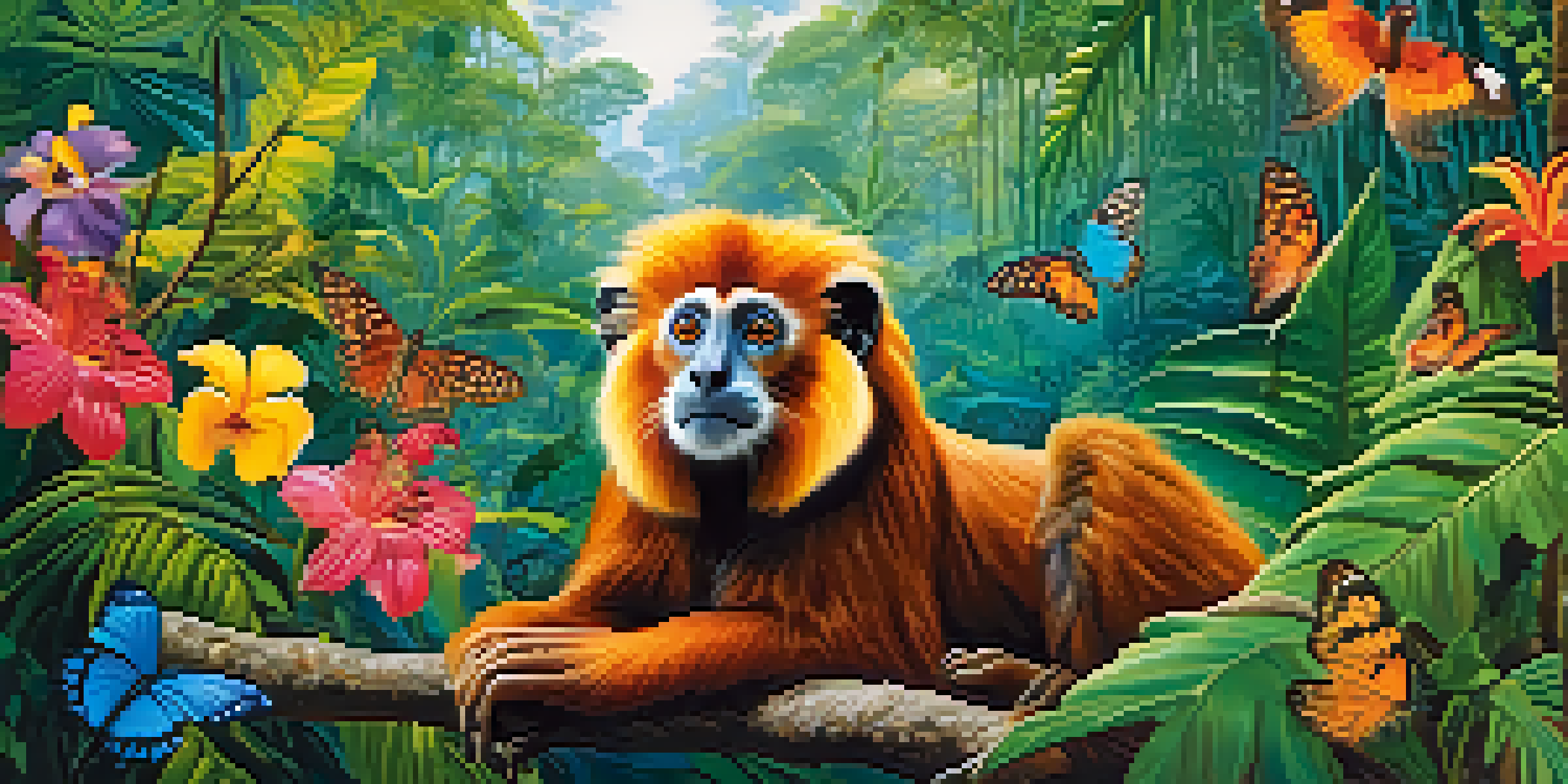 A golden lion tamarin sits on a branch in the Amazon rainforest, surrounded by green foliage and colorful flowers, with sunlight filtering through the trees.