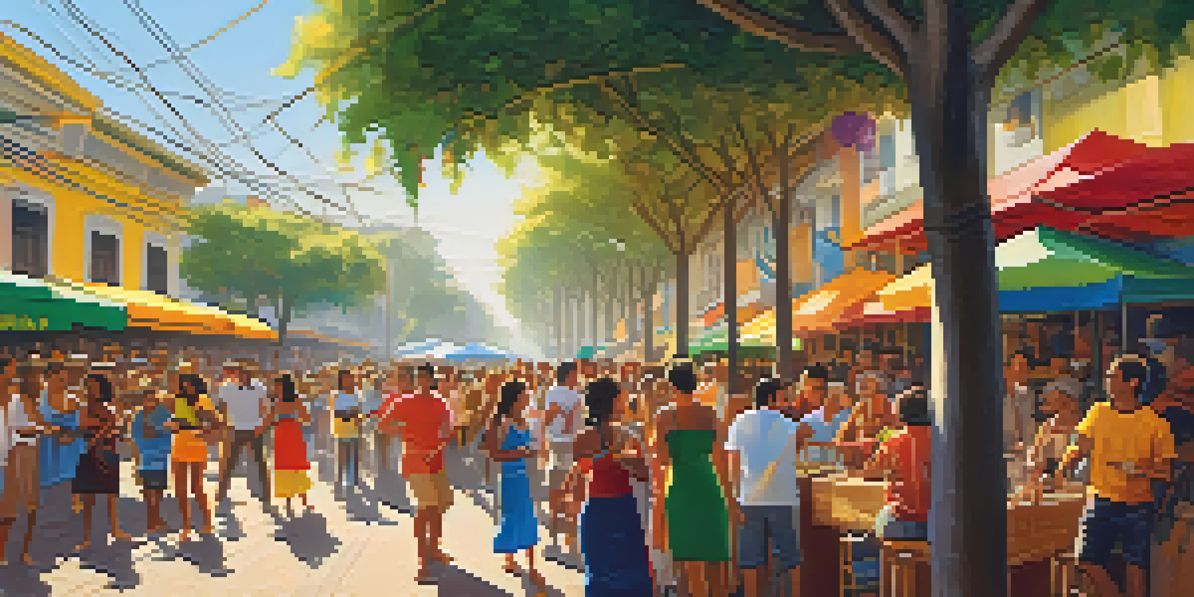 A vibrant street scene in Brazil with people enjoying a cultural festival, surrounded by colorful decorations and food stalls under warm sunlight.