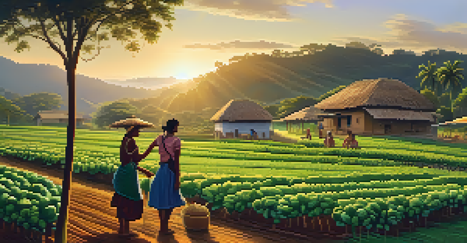 A rural Brazilian village with local farmers working in the fields during sunset, showcasing a connection to nature and agriculture.