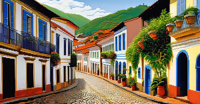 A vibrant colonial street in Ouro Preto, Brazil, with cobblestone pathways and colorful buildings, surrounded by lush greenery and warm sunlight.