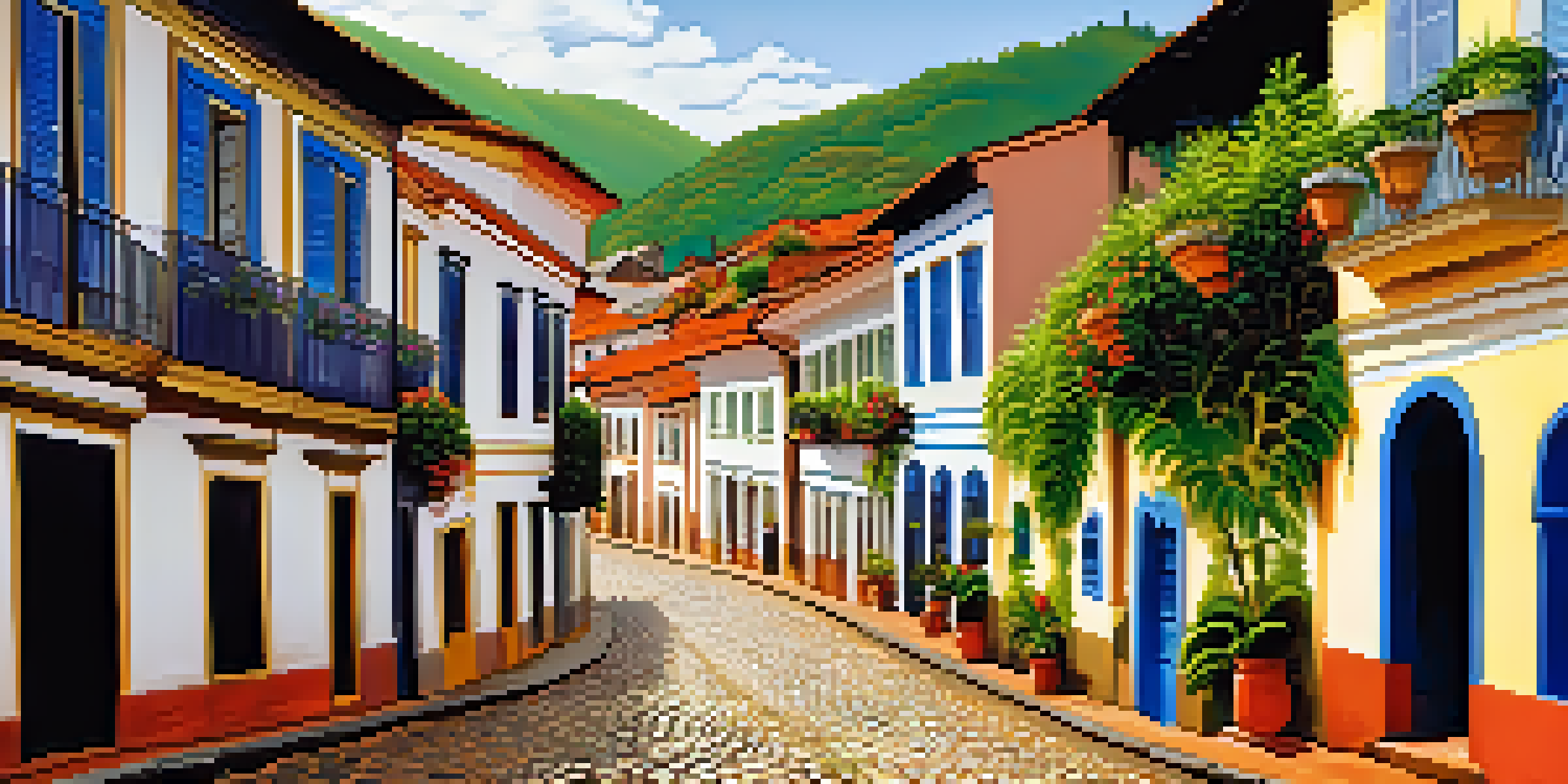 A vibrant colonial street in Ouro Preto, Brazil, with cobblestone pathways and colorful buildings, surrounded by lush greenery and warm sunlight.