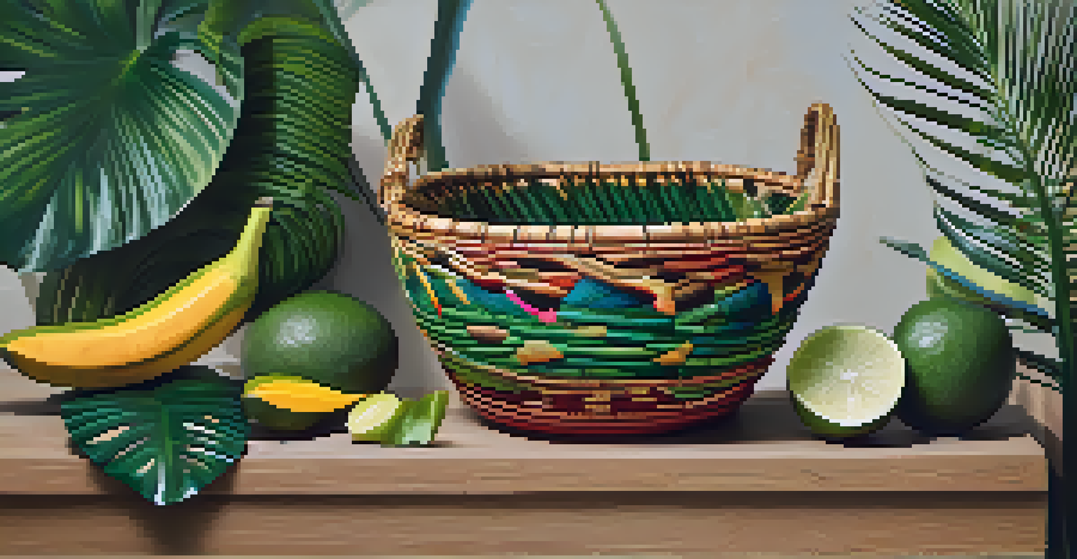 A beautifully woven Amazonian basket with intricate wildlife patterns, set against a backdrop of lush tropical foliage.