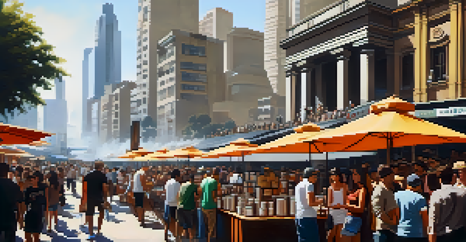 A busy urban coffee festival scene with crowds, stalls, and brewing demonstrations in São Paulo.