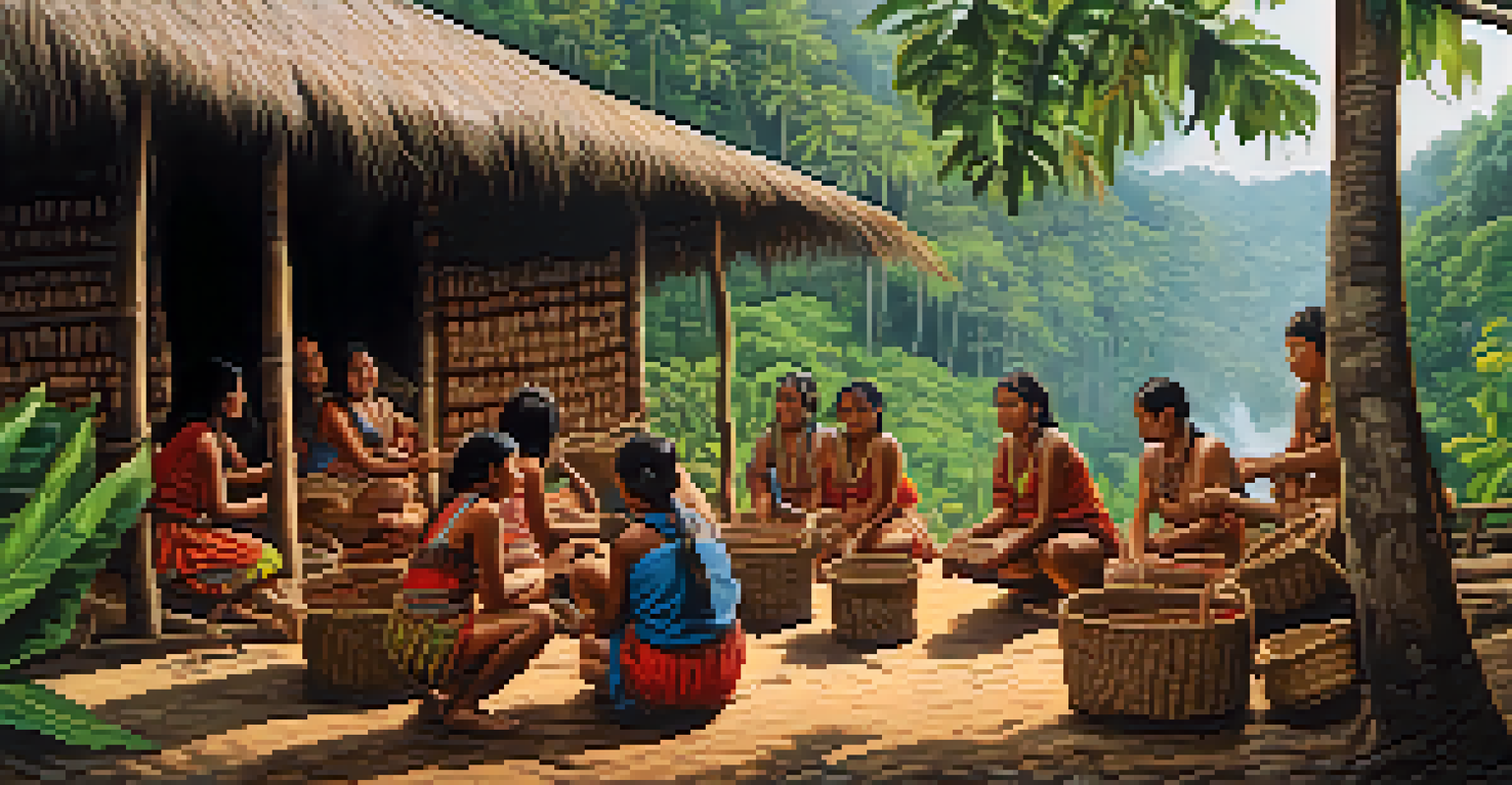 Members of an indigenous Amazonian community weaving baskets, surrounded by a vibrant village and lush rainforest.