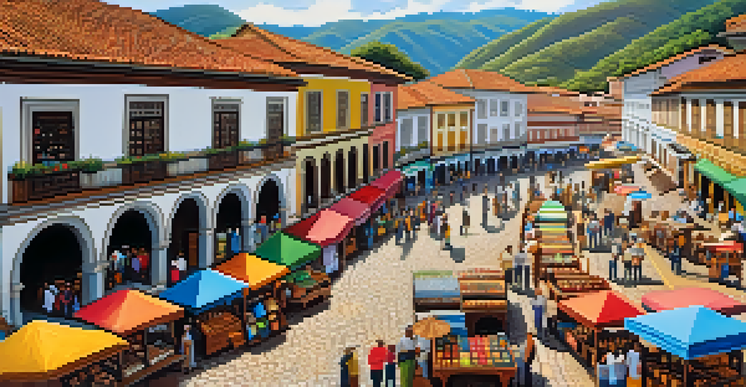 A vibrant artisan market in Ouro Preto, showcasing handmade crafts and local vendors interacting with visitors.