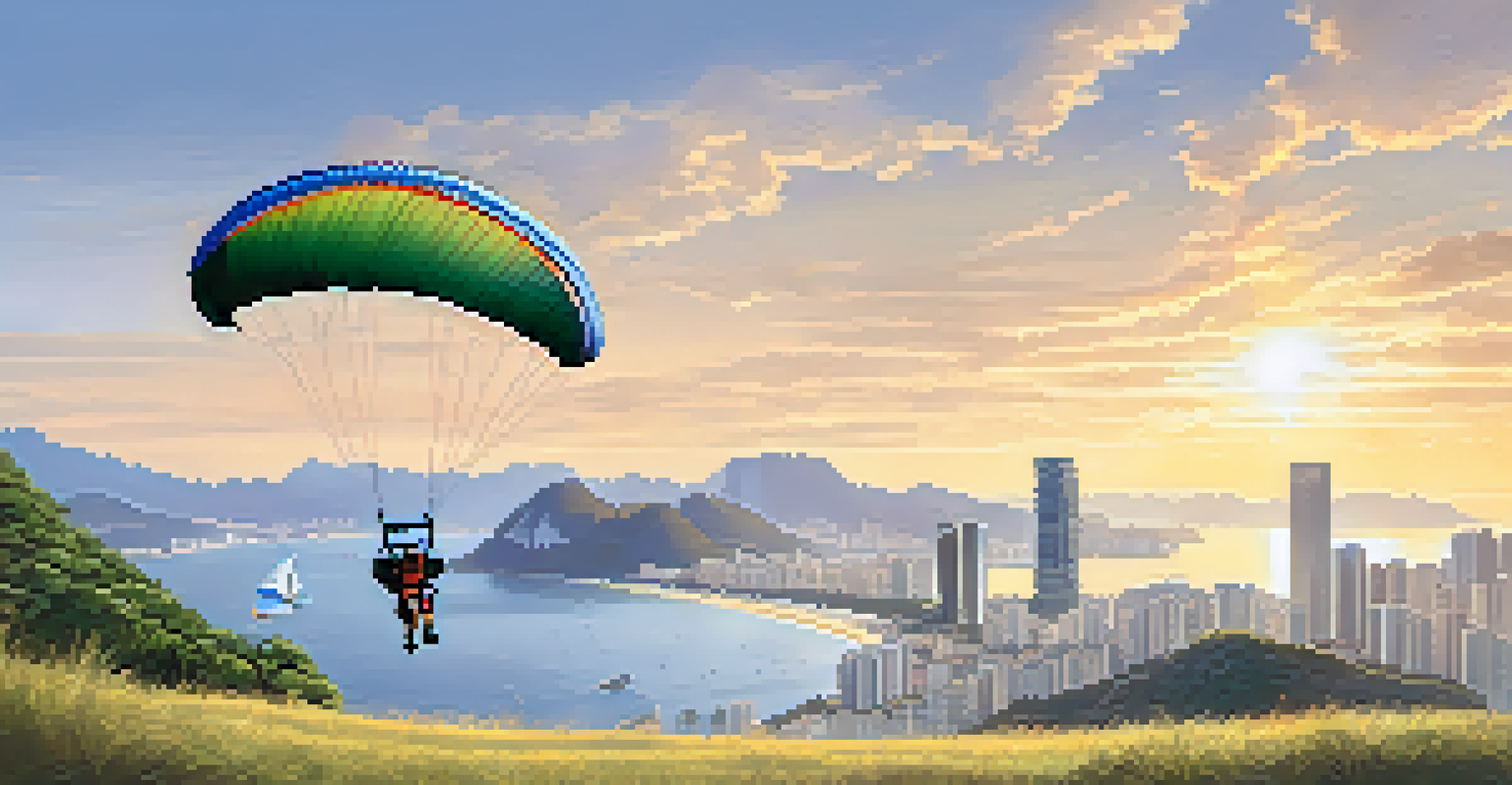 Tandem paraglider preparing for take-off with an instructor at a scenic launch site, featuring the Rio de Janeiro skyline in the background.