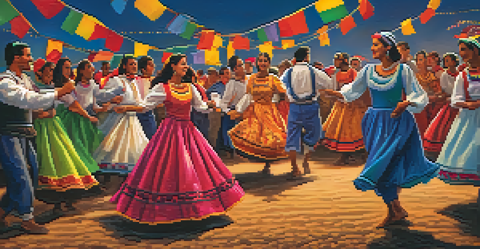 A group of people dancing the quadrilha in colorful costumes at a Festa Junina celebration, surrounded by festive decorations and bonfires.