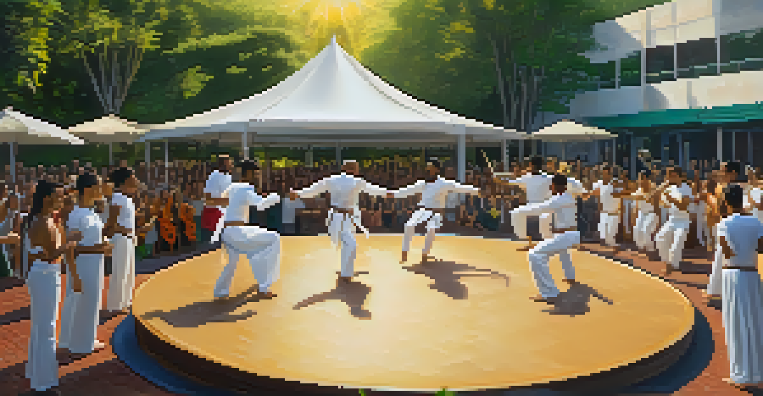 A capoeira performance in a circle with dancers in motion, accompanied by musicians and an engaged audience in a sunny outdoor plaza.