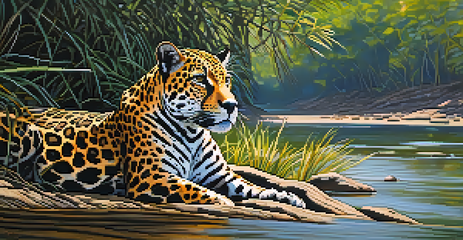 Close-up of a jaguar resting on a riverbank, surrounded by lush greenery and sunlight filtering through trees.
