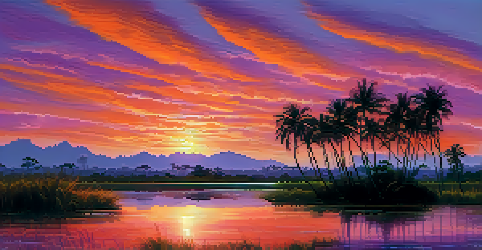 A picturesque sunset over the Pantanal wetlands, featuring colorful reflections on the water and silhouettes of palm trees.