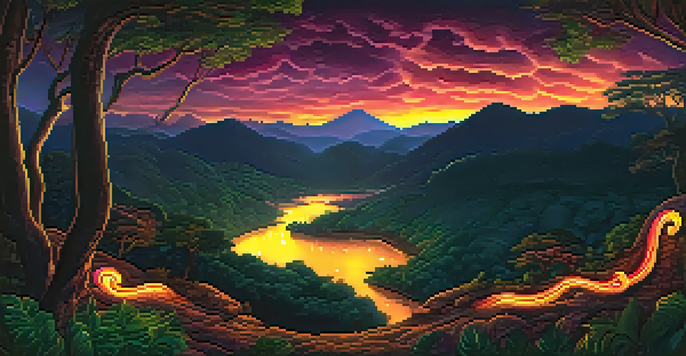 A glowing serpent made of flames, representing Boitatá, moving through a dark forest at night, surrounded by trees and a starry sky.