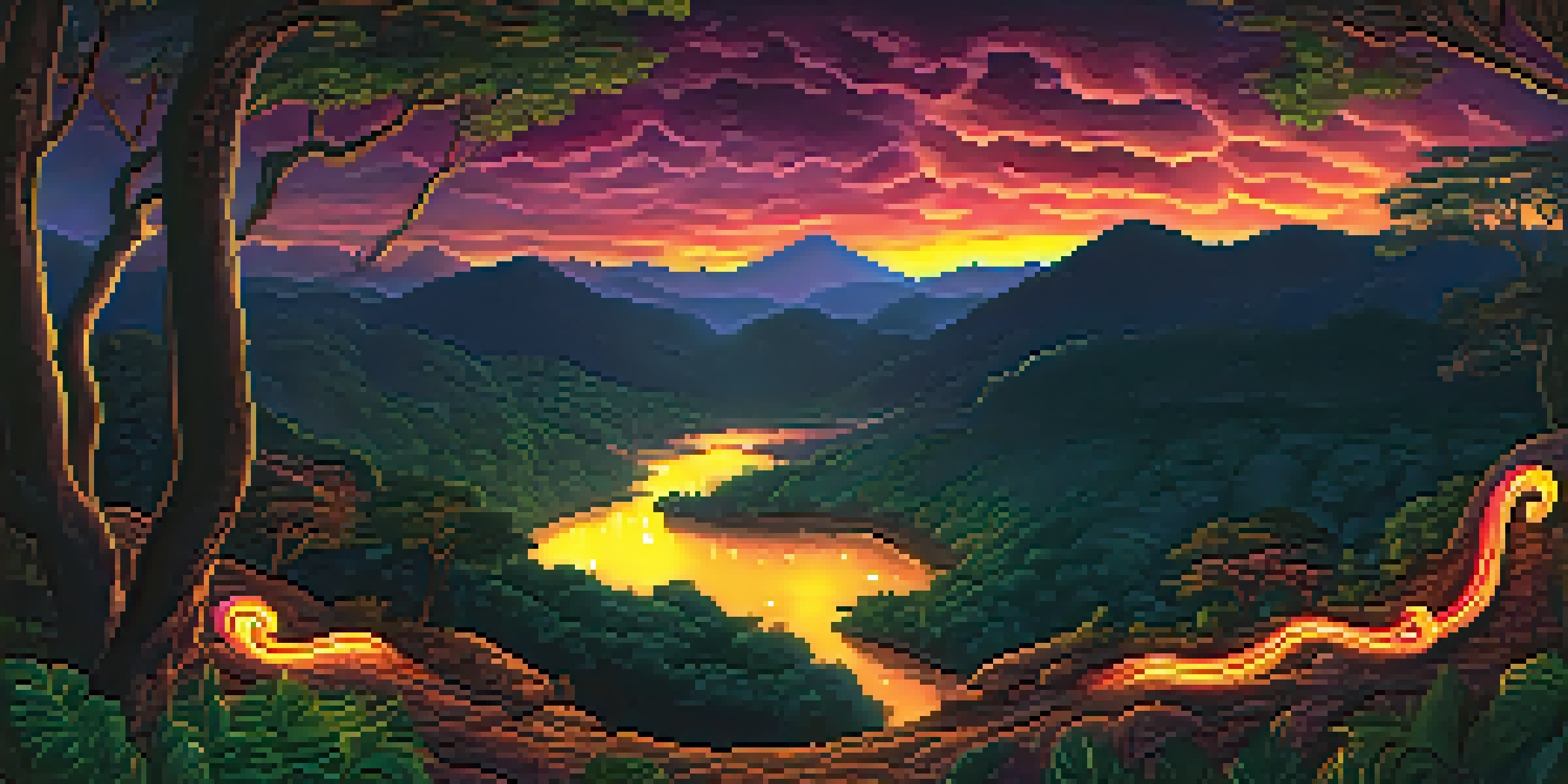 A glowing serpent made of flames, representing Boitatá, moving through a dark forest at night, surrounded by trees and a starry sky.