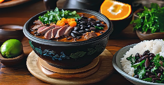 A traditional Brazilian feijoada, featuring black beans, pork, beef, rice, collard greens, and orange slices on a wooden table, illuminated by warm lighting.
