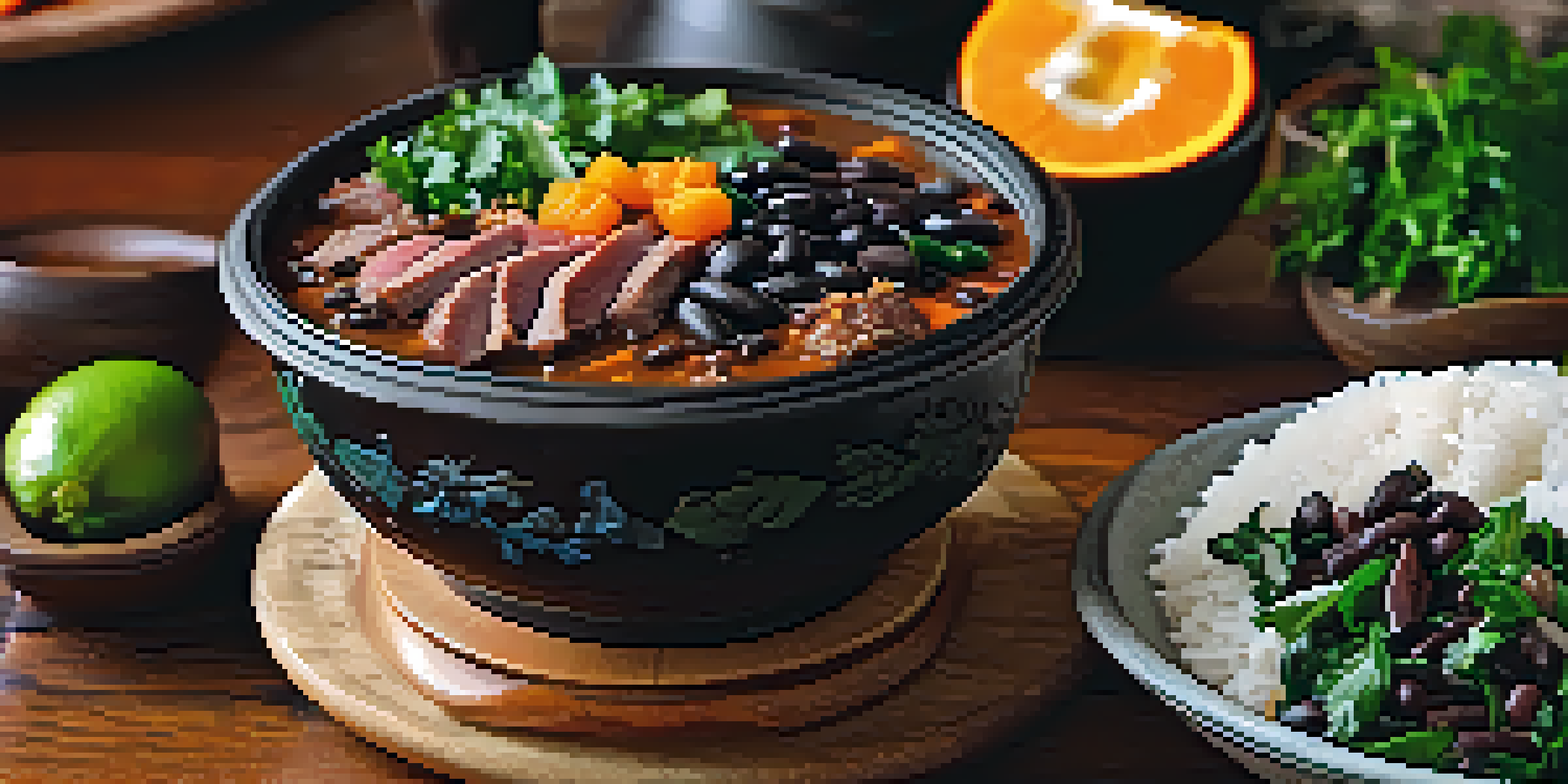 A traditional Brazilian feijoada, featuring black beans, pork, beef, rice, collard greens, and orange slices on a wooden table, illuminated by warm lighting.