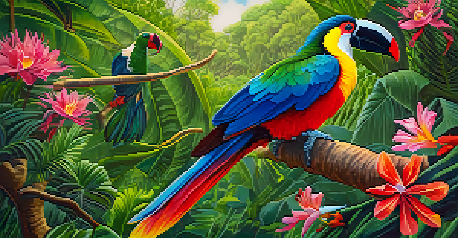 Eco-tourists birdwatching in the Pantanal with colorful toucans and parrots among lush greenery.