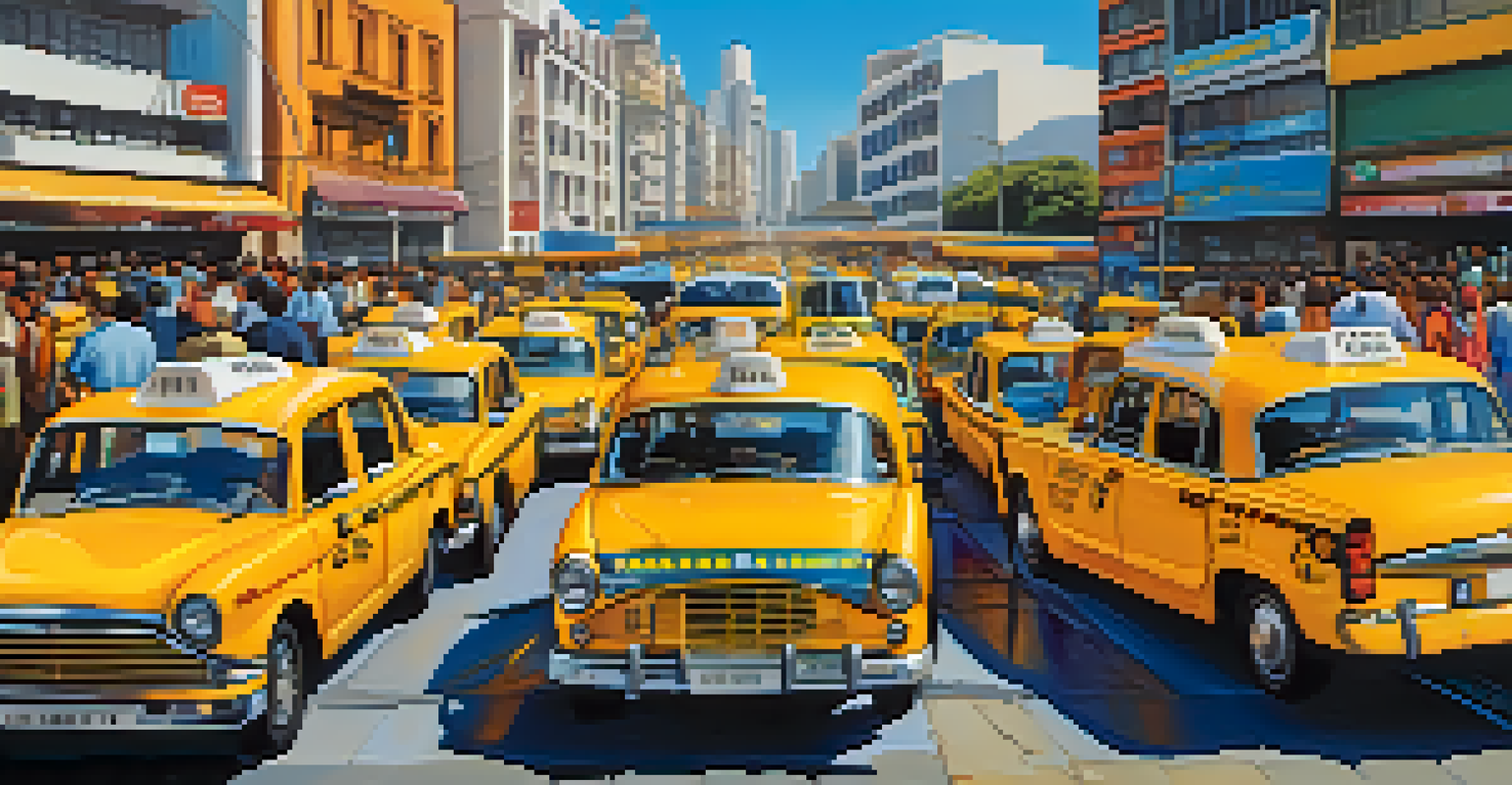 An organized taxi stand in a Brazilian city, with authorized taxis lined up and travelers waiting under a clear blue sky.