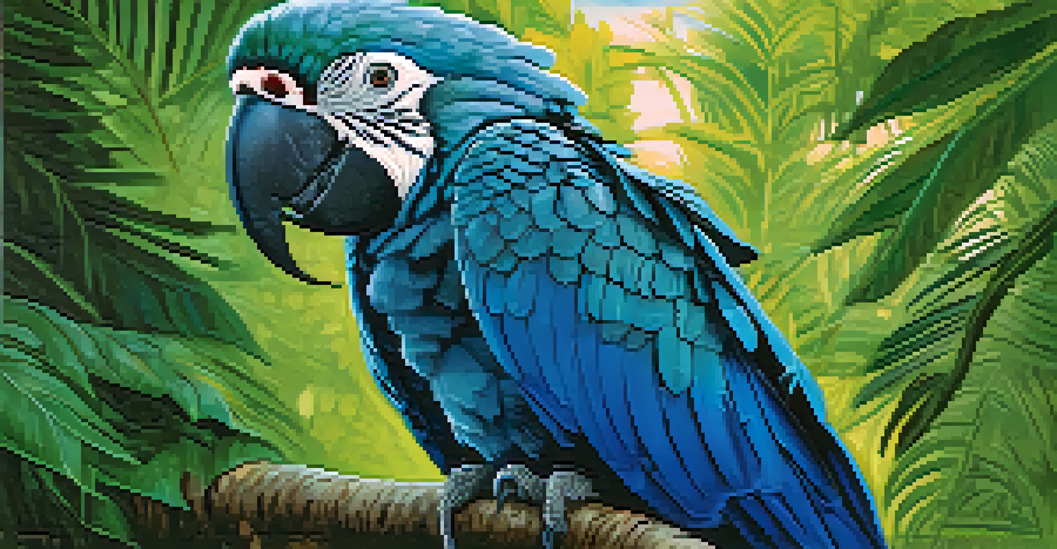 A close-up of an endangered Spix's Macaw perched on a branch, showcasing its vibrant blue feathers in a green forest setting.